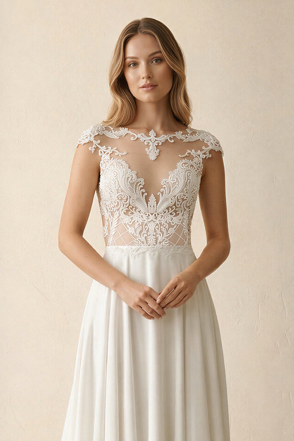 A-Line Cap Sleeve Long Backless Wedding Dresses with Appliques – Wedding Dresses by KissProm | Available at KissProm