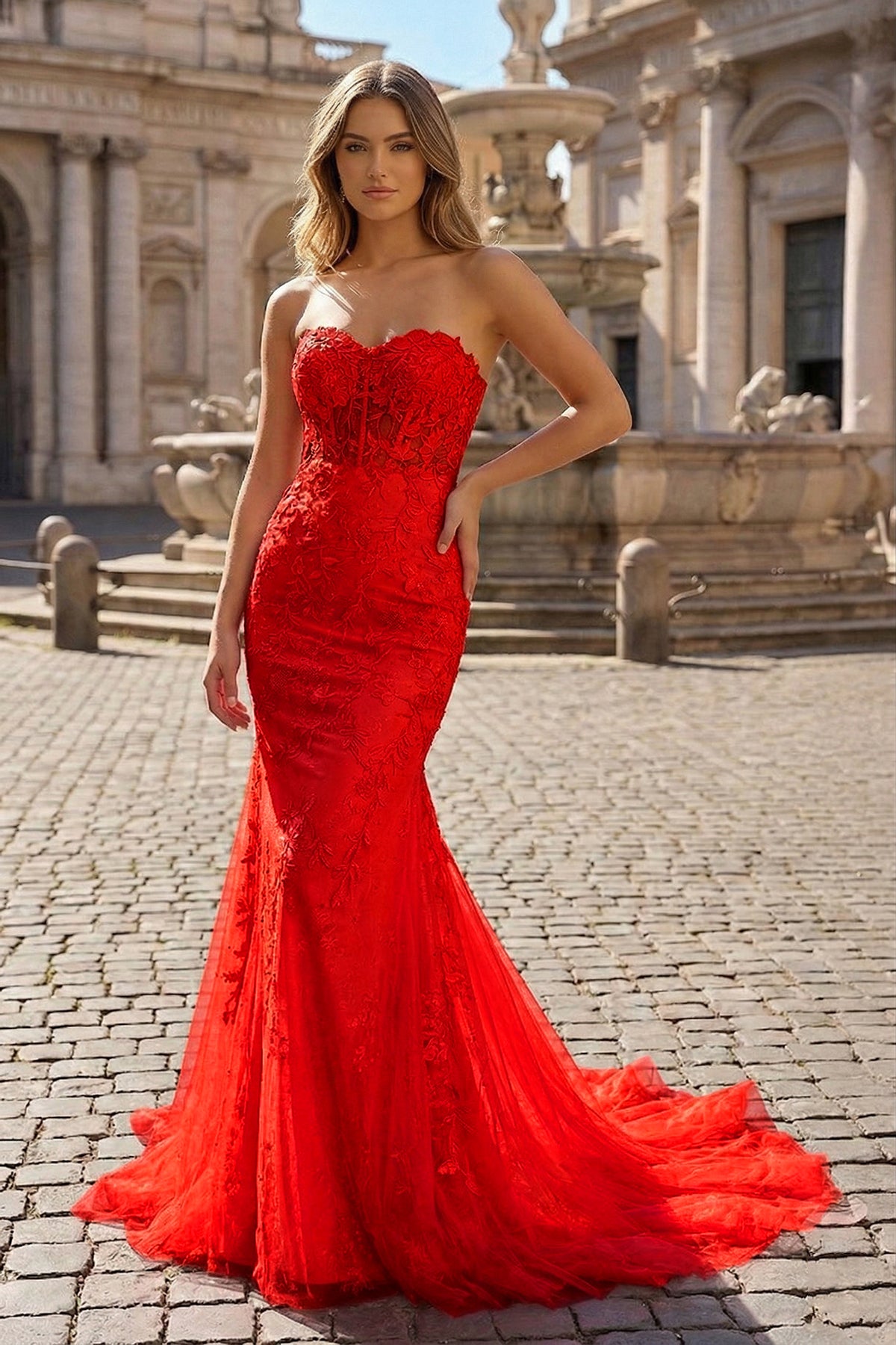 Mermaid Sweetheart Tulle Lace Prom Dress, Red / 2 Mermaid Sweetheart Tulle Lace Prom Dress, Red / 2