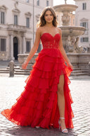 Red Chiffon Sweetheart Ruffle Tiered Long Prom Dress – Prom Dress by Kissprom | Available at KissProm