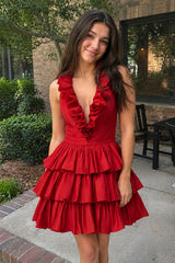 Red A-Line Deep Halter Satin Short Homecoming Dress with Ruffles | KISSPROM
