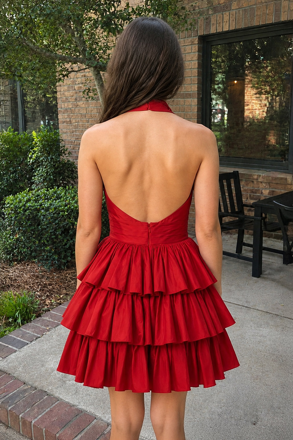 Red A-Line Deep Halter Satin Short Homecoming Dress with Ruffles | KISSPROM