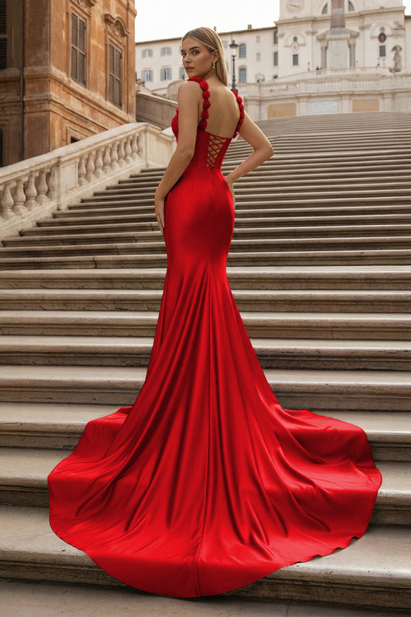 Hot Pink Floral Straps Mermaid Satin Long Prom Dress - KISSPROM PROM DRESSES