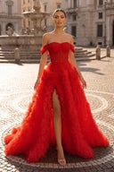 Gorgeous A Line Off the Shoulder Long Tulle Prom Dress with Slit - KISSPROM PROM DRESSES