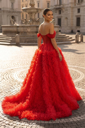 Gorgeous A Line Off the Shoulder Long Tulle Prom Dress with Slit - KISSPROM PROM DRESSES