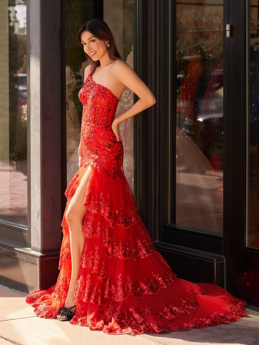 Andrea |Sheath One Shoulder Tiered Lace Long Prom Dress