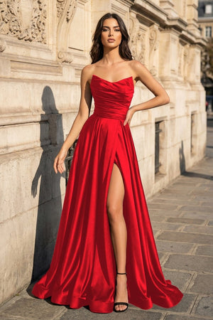 A Line Black Strapless Satin Prom Dresses With Slit - KissProm