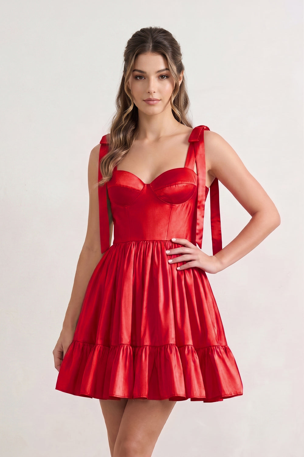 Sabrina | A-line Sweetheart Red Ruffled Taffeta Homecoming Dress With Bow Straps