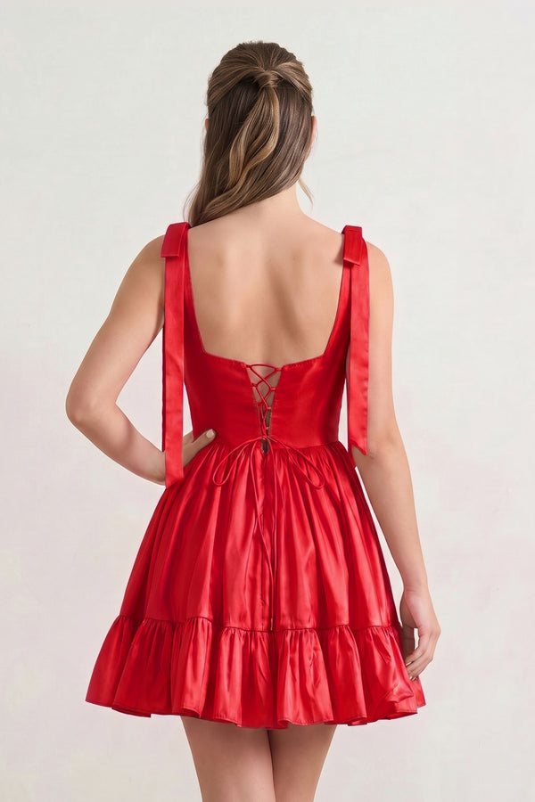 Sabrina | A-line Sweetheart Pink Ruffled Taffeta Homecoming Dress With Bow Straps