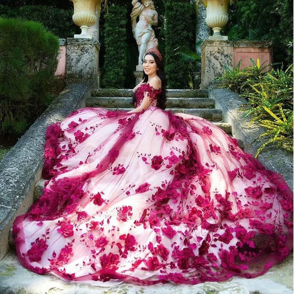 Quinceanera Dress Red Lace Off Shoulder Corset Pearls Flowers - KissProm