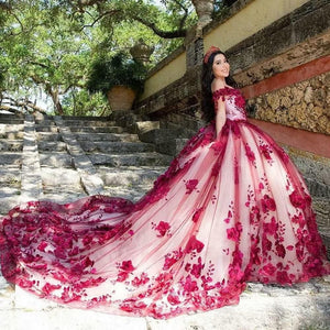 Quinceanera Dress Red Lace Off Shoulder Corset Pearls Flowers - KissProm