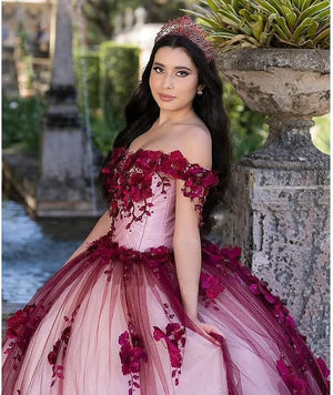 Quinceanera Dress Red Lace Off Shoulder Corset Pearls Flowers - KissProm