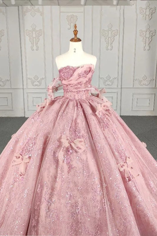 Romantic Pink beading Prom Dresses Sequined Sleeveless Quinceanera Dresses with Bowknot