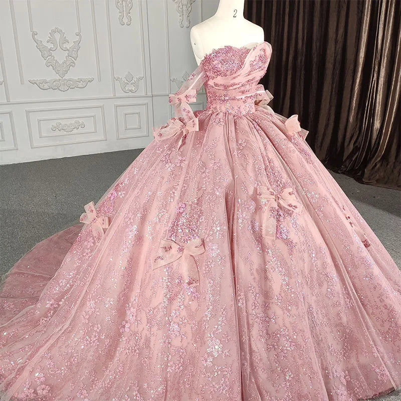 Quinceanera Dress Romantic Pink beading Prom Dresses Sequined Sleeveless with Bowknot