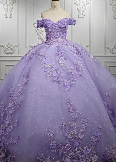 Off Shoulder Sleeveless 3D Flowers Appliques Lilac Sweet 15 Quinceanera Dress WQ1441
