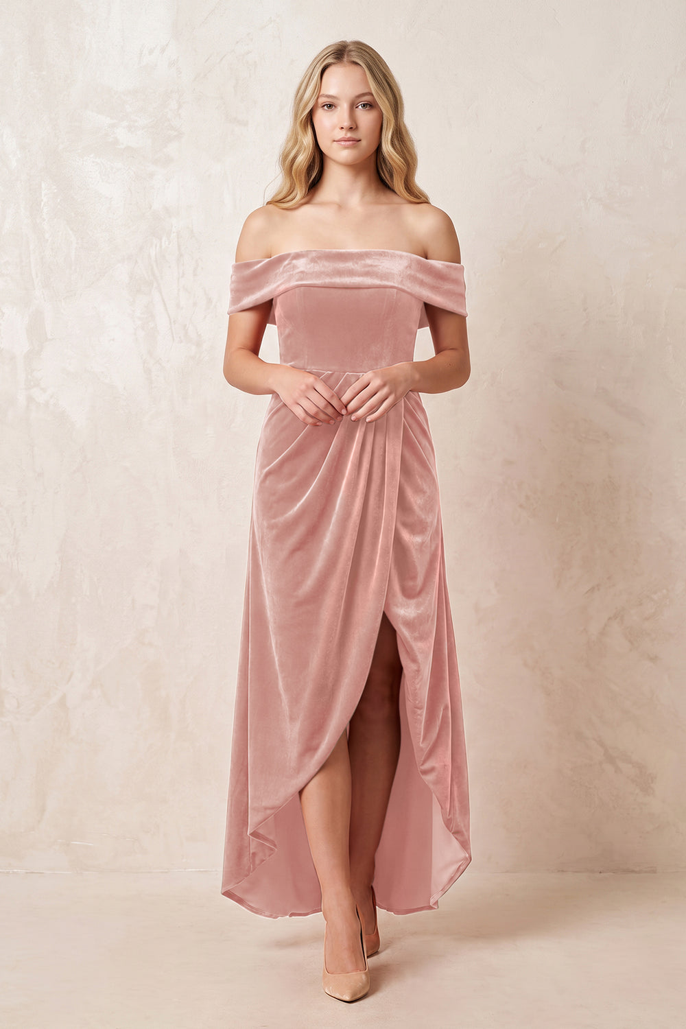 Rose Petal Off-the-Shoulder Sheath Velvet Midi Bridesmaid Dress - KISSPROM