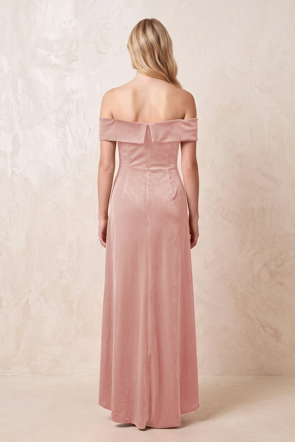 Rose Petal Off-the-Shoulder Sheath Velvet Midi Bridesmaid Dress - KISSPROM