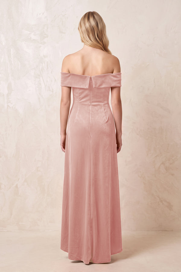 Rose Petal Off-the-Shoulder Sheath Velvet Midi Bridesmaid Dress - KISSPROM