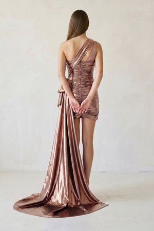 Rose Gold Metallic One-Shoulder Ruched Homecoming Dress - KISSPROM