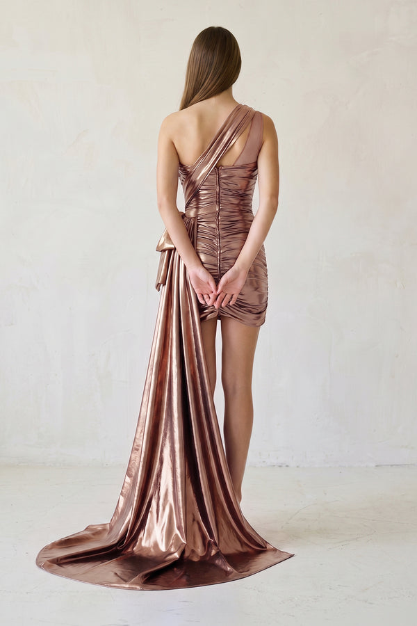 Rose Gold Metallic One-Shoulder Ruched Homecoming Dress - KISSPROM