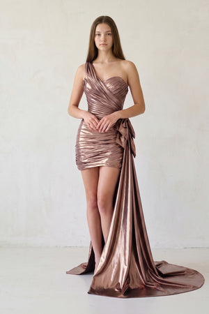 Rose Gold Metallic One-Shoulder Ruched Homecoming Dress - KISSPROM