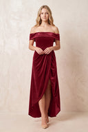 Rosewood Off-the-Shoulder Sheath Velvet Midi Bridesmaid Dress - KISSPROM