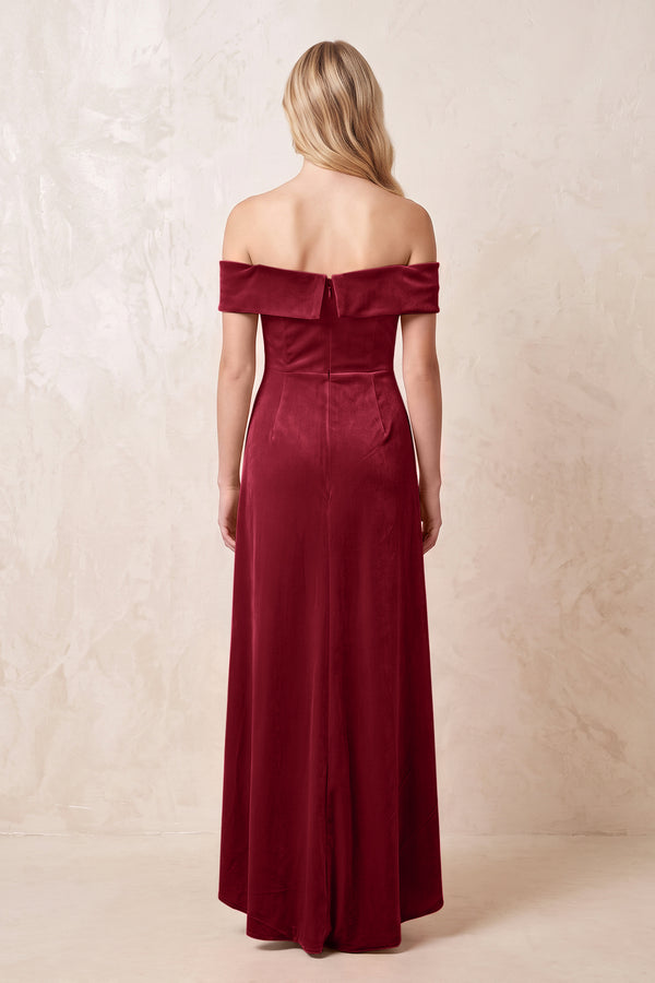 Rosewood Off-the-Shoulder Sheath Velvet Midi Bridesmaid Dress - KISSPROM