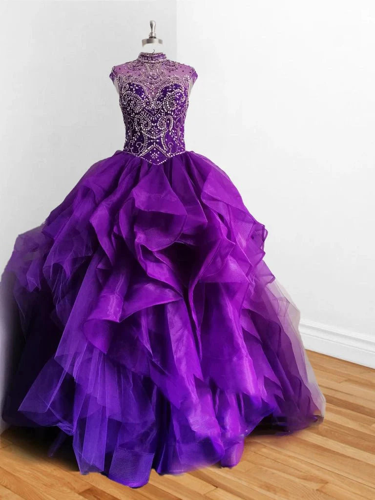 Royal Blue Organza High Neck Quinceanera Dresses Burgundy Prom Dresses, Purple / 2