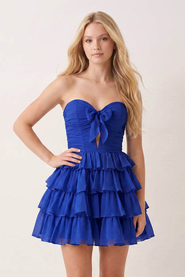 Royal Blue Strapless A Line Chiffon Ruffled Cocktail Dresses With Bow | KISSPROM