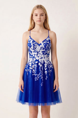 Royal Blue Aline Short Glitter Tulle Homecoming Dress with Appliques - KISSPROM