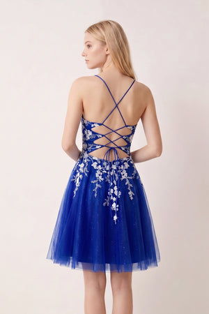 Royal Blue Aline Short Glitter Tulle Homecoming Dress with Appliques - KISSPROM