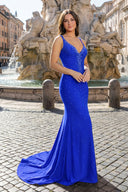 Mermaid V-Neck Beaded Satin Prom Dress with Cross Back - KISSPROM PROM DRESSES