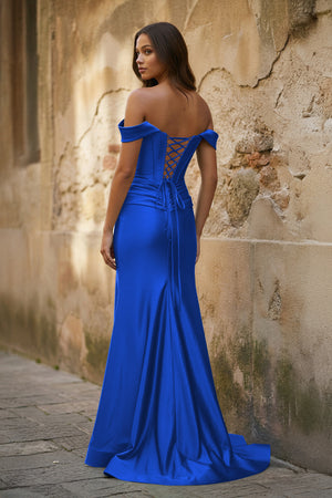 Off the Shoulder Royal Blue Prom Dress with Train - KISSPROM PROM DRESSES