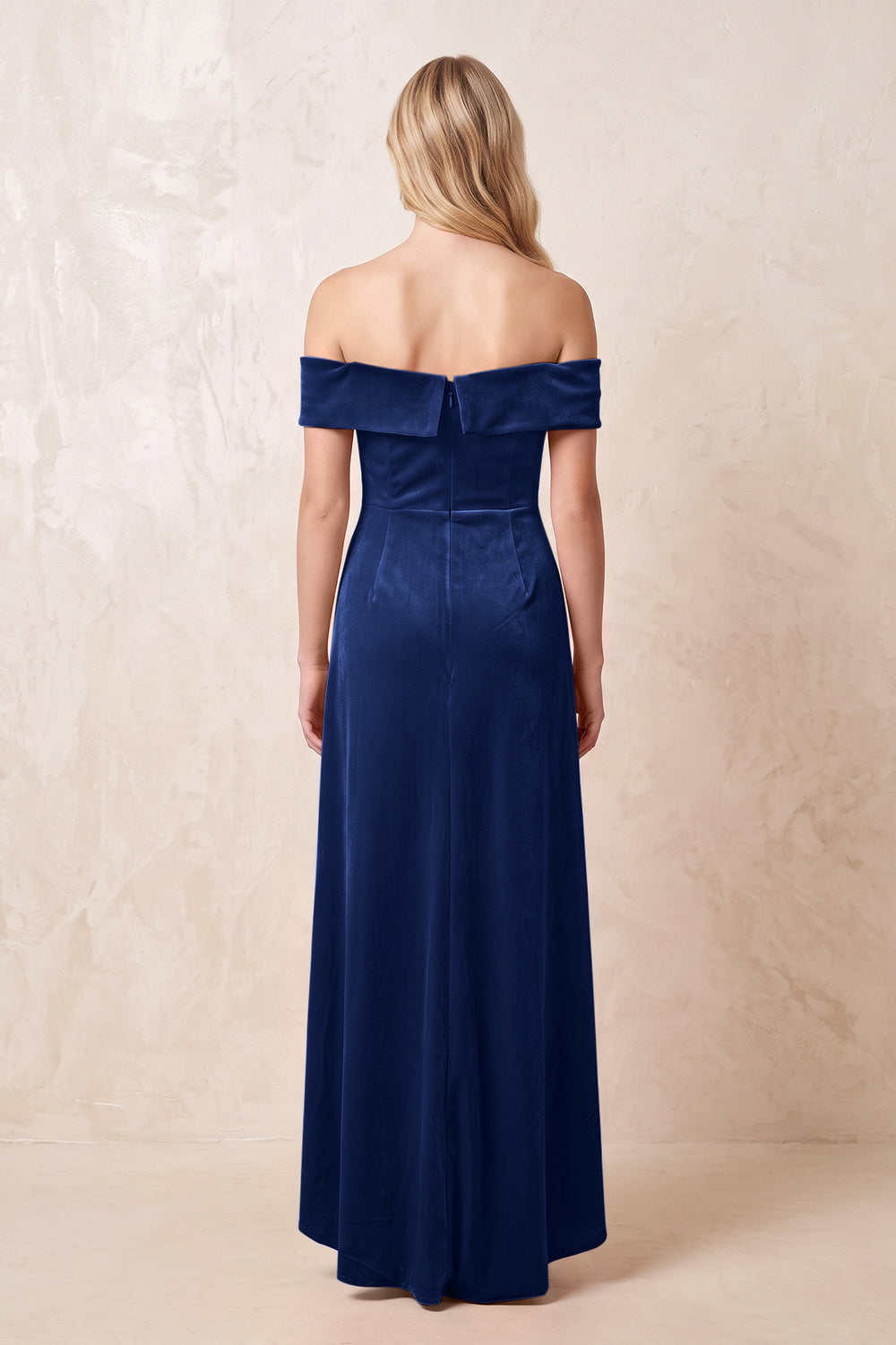 Royal Blue Off-the-Shoulder Sheath Velvet Midi Bridesmaid Dress - KISSPROM
