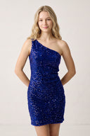 Royal Blue Tight Sequins One Shoulder Mini Homecoming Dresses | KISSPROM