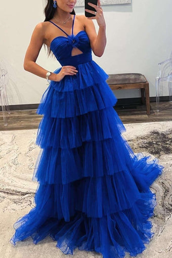 Blue Print Halter Keyhole Ruffle Tiered Prom Dress