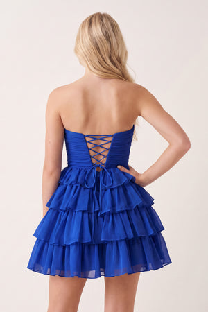 Royal Blue Strapless A Line Chiffon Ruffled Cocktail Dresses With Bow | KISSPROM