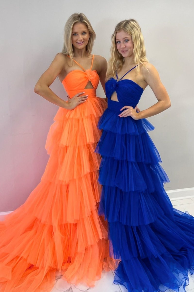 Blue A-Line Multie Tiered Ruffles Beaded Prom Dress