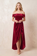Ruby Red Off-the-Shoulder Sheath Velvet Midi Bridesmaid Dress - KISSPROM