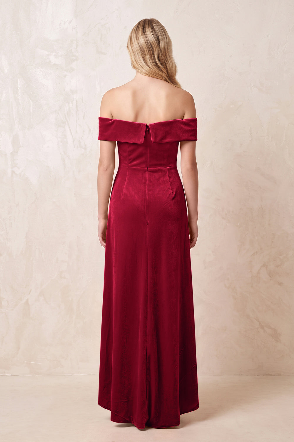 Ruby Red Off-the-Shoulder Sheath Velvet Midi Bridesmaid Dress - KISSPROM