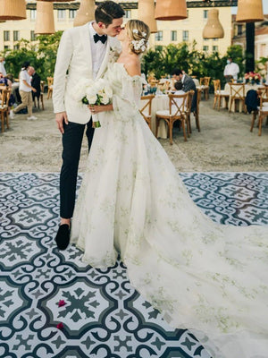 Danica | A - Line Floral Appliqued Majesty Bridal Wedding Dress with Ruffles - KissProm