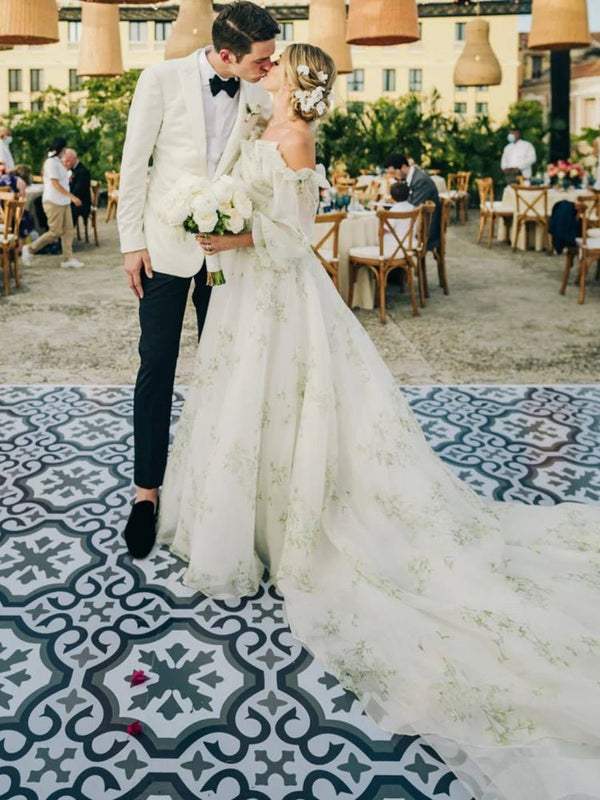 Danica | A - Line Floral Appliqued Majesty Bridal Wedding Dress with Ruffles - KissProm