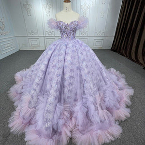 Quinceañera lace Off - the - Shoulder Ball Gown Purple Sequined Dress - KissProm