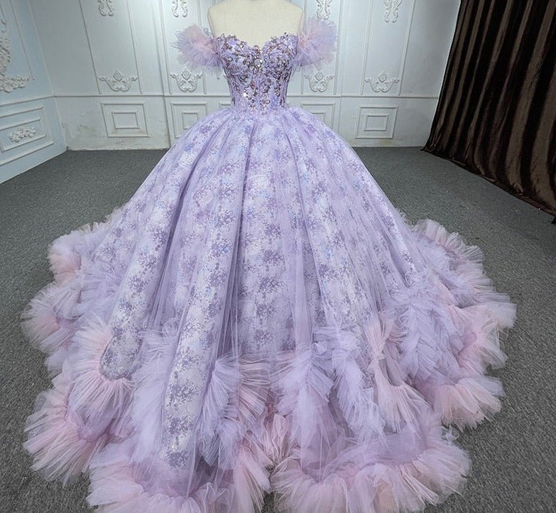 Quinceañera lace Off - the - Shoulder Ball Gown Purple Sequined Dress - KissProm