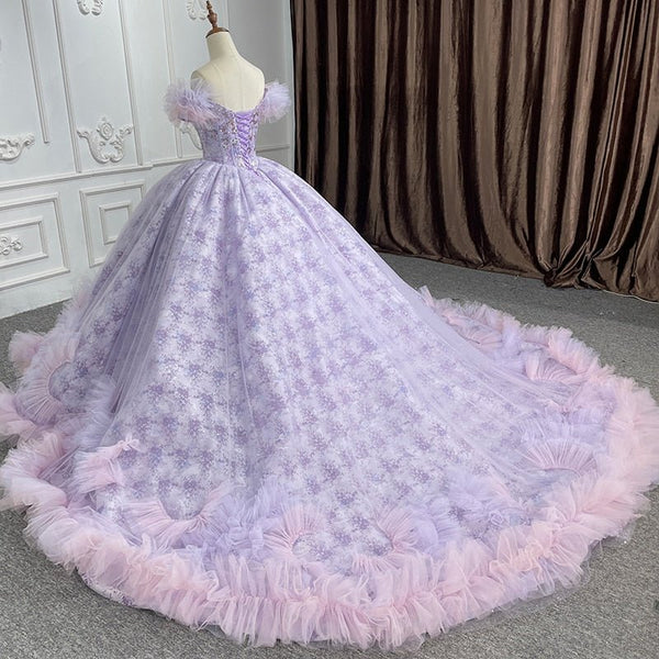 Quinceañera lace Off - the - Shoulder Ball Gown Purple Sequined Dress - KissProm