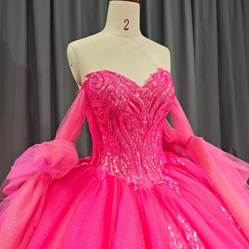 Lace Hot Pink Sequins Ball Gown Quinceañera Dress - KissProm