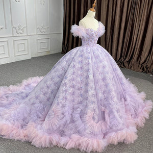 Quinceañera lace Off - the - Shoulder Ball Gown Purple Sequined Dress - KissProm