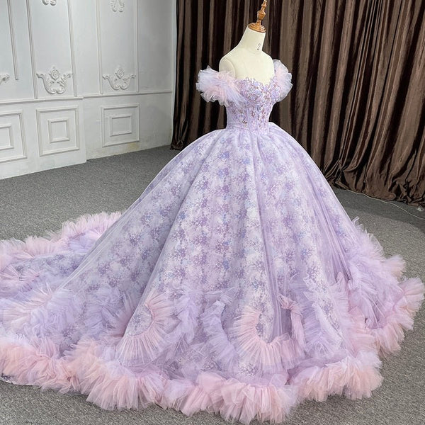 Quinceañera lace Off - the - Shoulder Ball Gown Purple Sequined Dress - KissProm