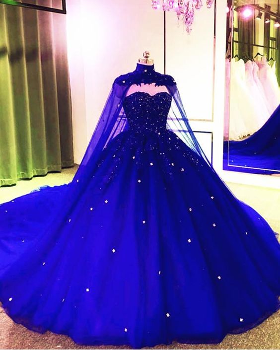 Royal Blue Tulle Ball Gown Prom Dress With Cape, Royal Blue / 2 Royal Blue Tulle Ball Gown Prom Dress With Cape, Royal Blue / 2