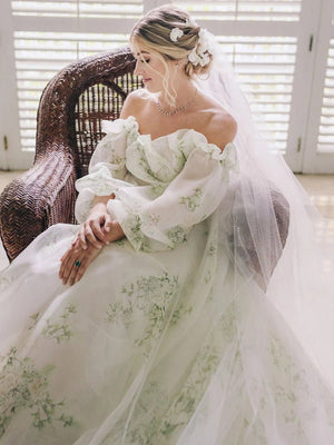 Danica | A - Line Floral Appliqued Majesty Bridal Wedding Dress with Ruffles - KissProm