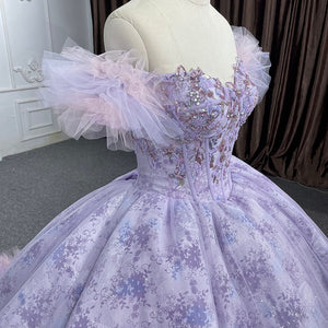 Quinceañera lace Off - the - Shoulder Ball Gown Purple Sequined Dress - KissProm